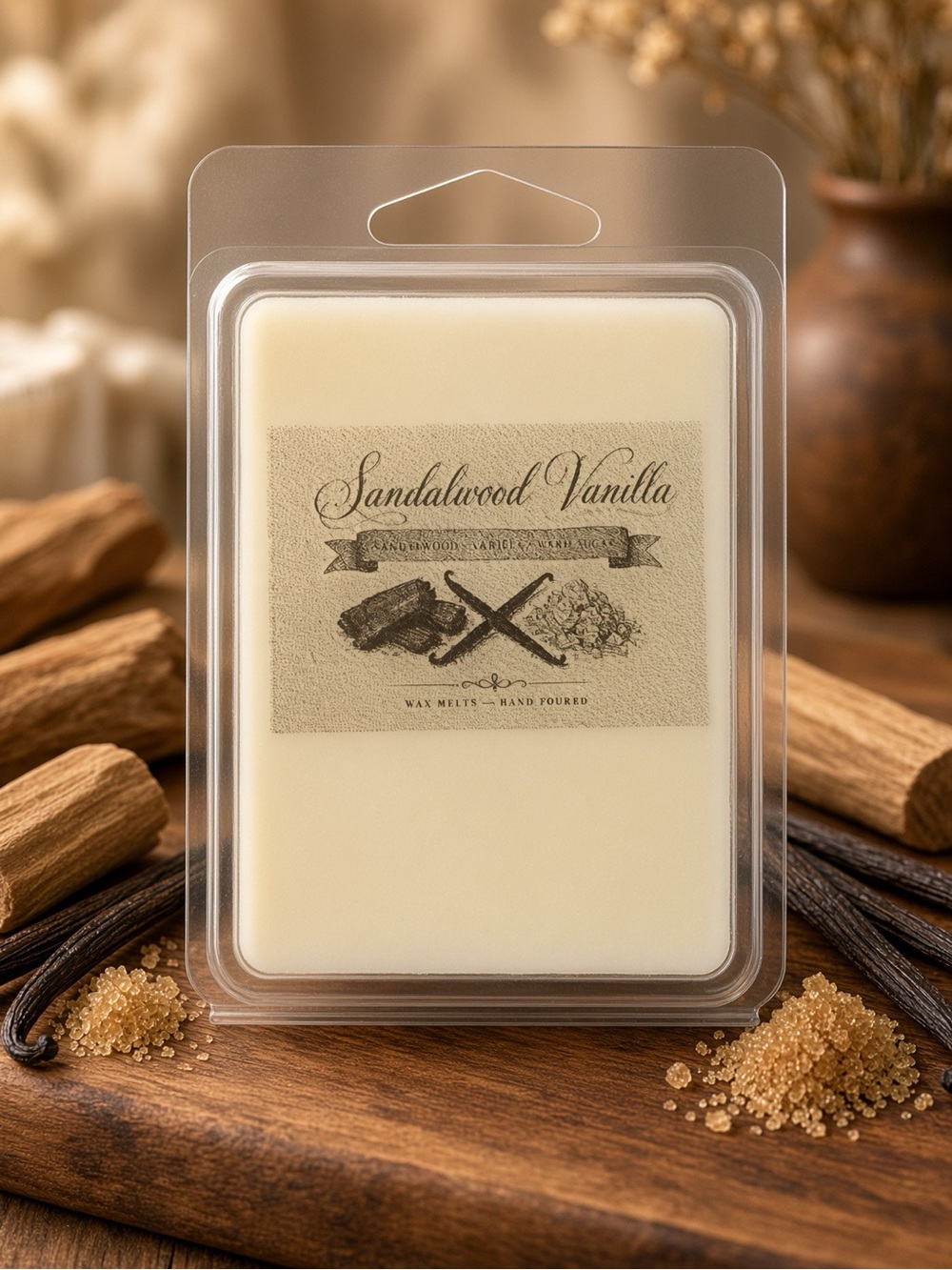 Sandalwood Vanilla Wax Melts Clamshell Handmade Soy